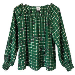 Cabi Womens Voyage Blouse Green Size Medium Flawed Ornate Tassel Print #4535 GUC